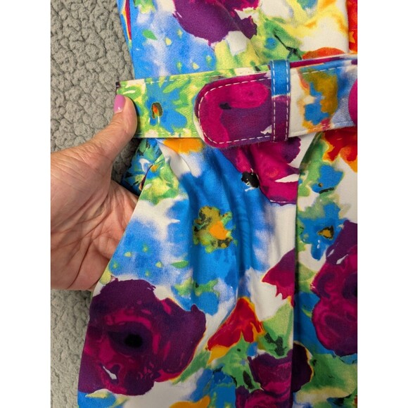 Dressbarn Womens Dress Size 10P White Floral Tank Sleeveless Belted Summer Trad - Picture 11 of 15